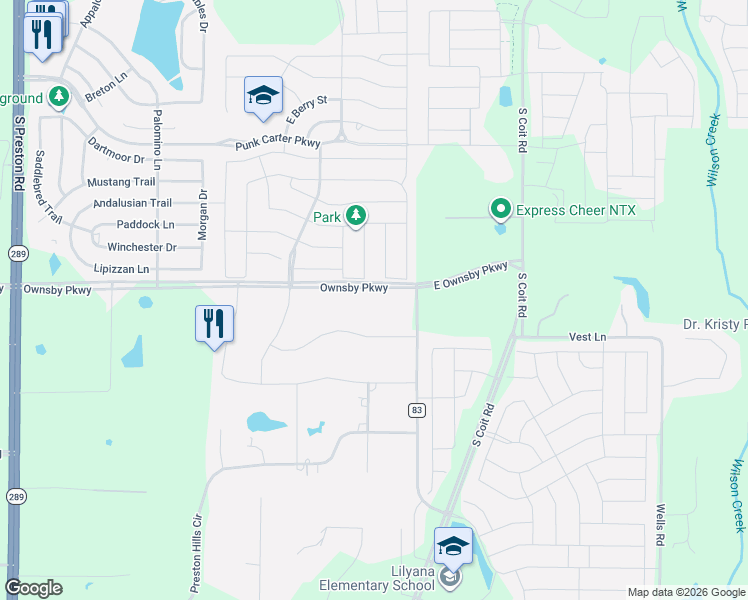 map of restaurants, bars, coffee shops, grocery stores, and more near 3329 Puffin Lane in Celina