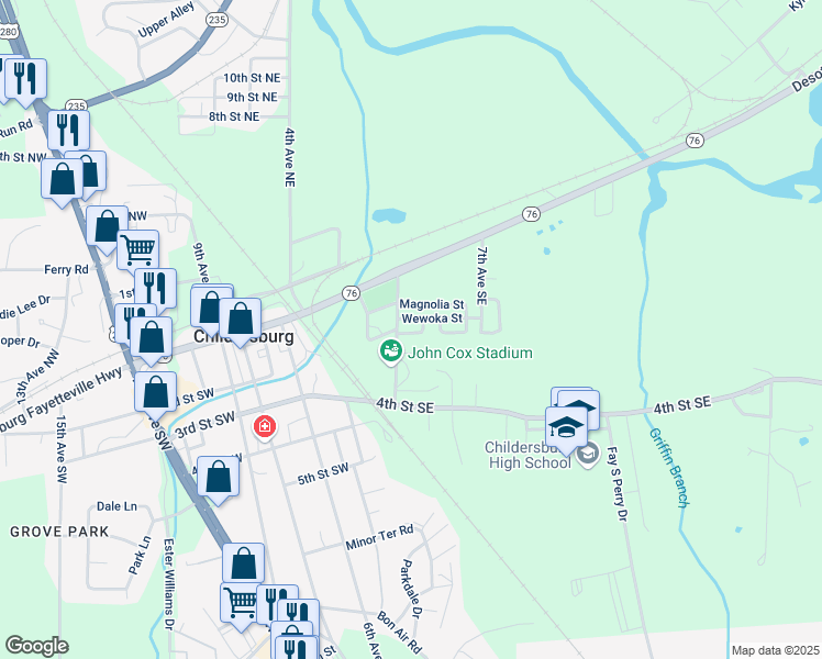 map of restaurants, bars, coffee shops, grocery stores, and more near 77 Alan Street in Childersburg