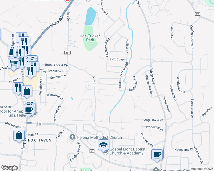 map of restaurants, bars, coffee shops, grocery stores, and more near 2813 Bridlewood Terrace in Helena