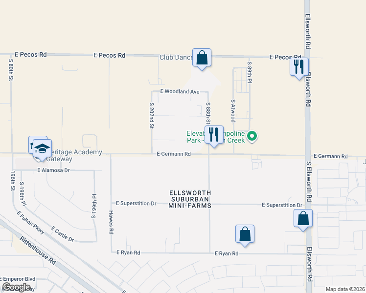 map of restaurants, bars, coffee shops, grocery stores, and more near 8644 East Winnston Circle in Mesa