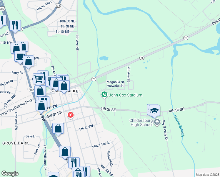map of restaurants, bars, coffee shops, grocery stores, and more near 200 4th Avenue Southeast in Childersburg