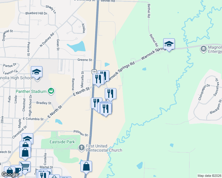 map of restaurants, bars, coffee shops, grocery stores, and more near 20 Warnock Springs Rd in Magnolia