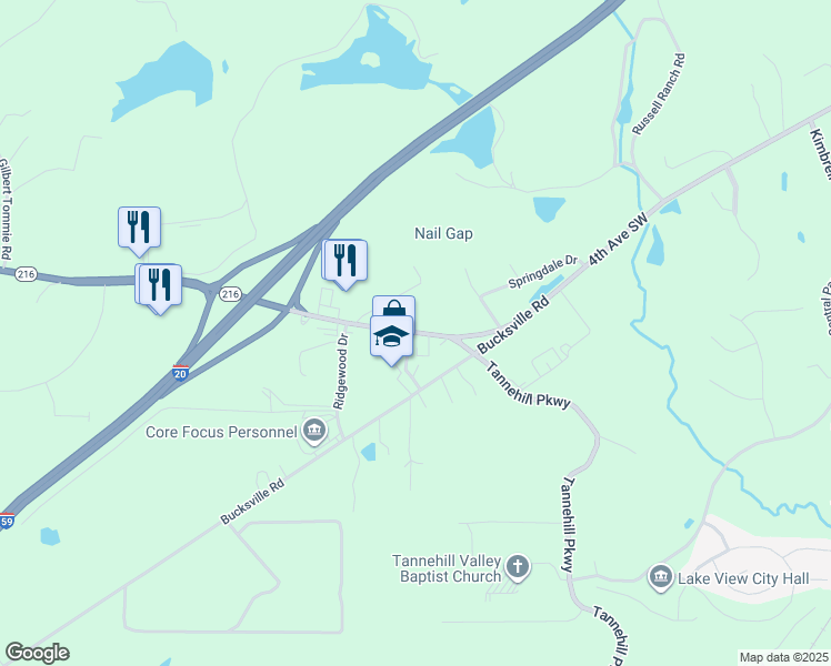map of restaurants, bars, coffee shops, grocery stores, and more near 22600 Alabama 216 in McCalla