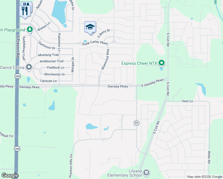 map of restaurants, bars, coffee shops, grocery stores, and more near 4261 County Road 83 in Celina