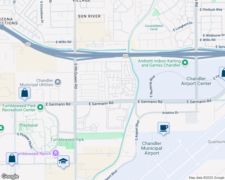 map of restaurants, bars, coffee shops, grocery stores, and more near 1295 East Weatherby Way in Chandler
