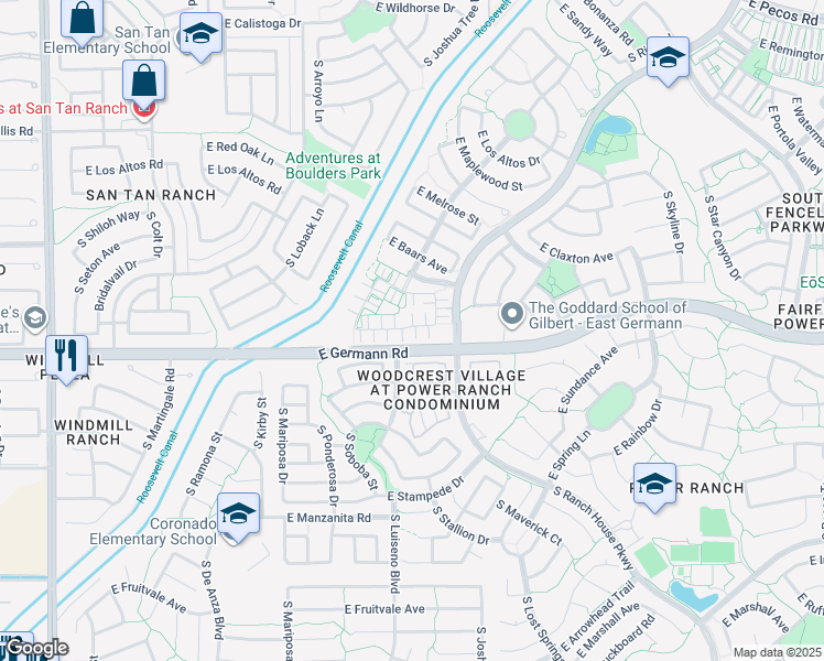map of restaurants, bars, coffee shops, grocery stores, and more near 3860 East Santa Fe Lane in Gilbert