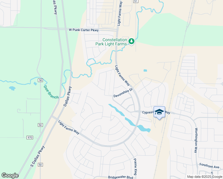 map of restaurants, bars, coffee shops, grocery stores, and more near 3378 Bellcrest Way in Prosper