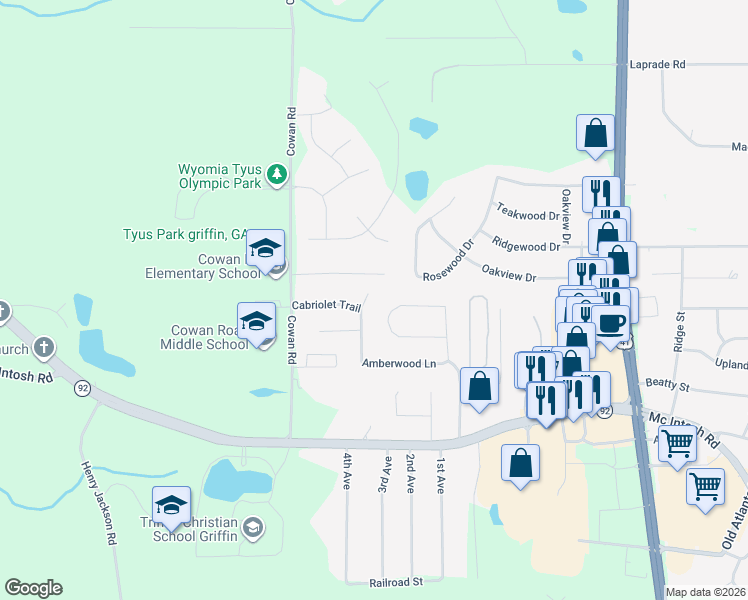 map of restaurants, bars, coffee shops, grocery stores, and more near 145 Amberwood Lane in Griffin