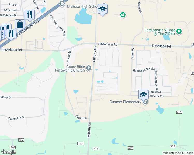 map of restaurants, bars, coffee shops, grocery stores, and more near 2232 Milrany Lane in Melissa