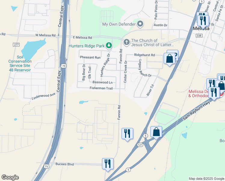 map of restaurants, bars, coffee shops, grocery stores, and more near 514 Fisherman Trail in Melissa