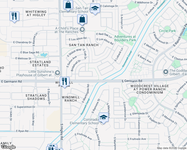 map of restaurants, bars, coffee shops, grocery stores, and more near 3455 East Claxton Avenue in Gilbert