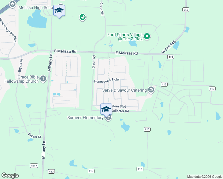 map of restaurants, bars, coffee shops, grocery stores, and more near 2306 Grassland Avenue in Melissa
