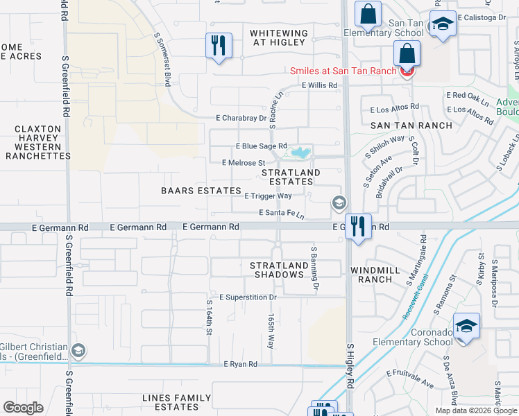 map of restaurants, bars, coffee shops, grocery stores, and more near 2959 East Trigger Way in Gilbert