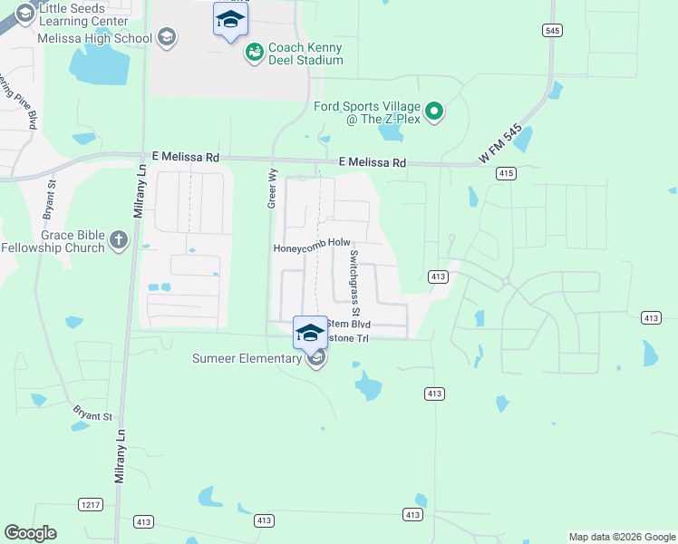map of restaurants, bars, coffee shops, grocery stores, and more near 2301 Switchgrass Street in Melissa