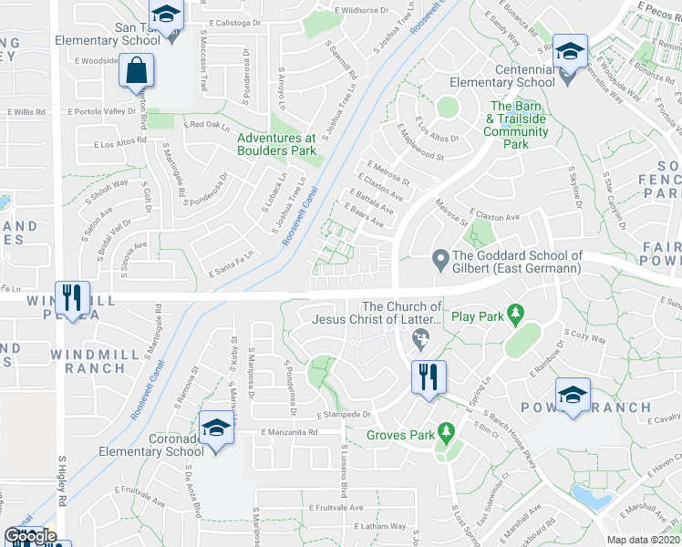 map of restaurants, bars, coffee shops, grocery stores, and more near 3921 South Napa Lane in Gilbert