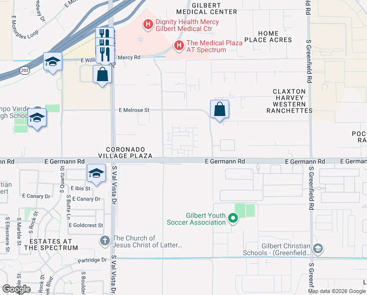 map of restaurants, bars, coffee shops, grocery stores, and more near 1912 East Claxton Avenue in Gilbert