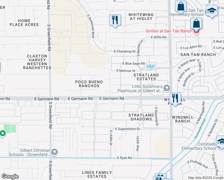 map of restaurants, bars, coffee shops, grocery stores, and more near 2815 East Trigger Way in Gilbert