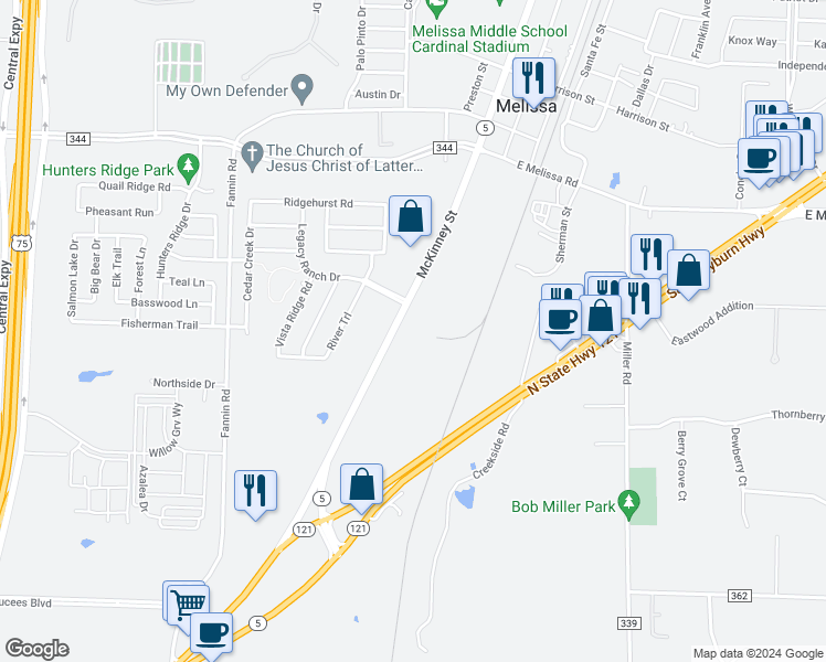 map of restaurants, bars, coffee shops, grocery stores, and more near 2020 McKinney Street in Melissa