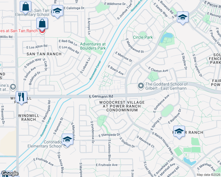 map of restaurants, bars, coffee shops, grocery stores, and more near 3834 East Santa Fe Lane in Gilbert