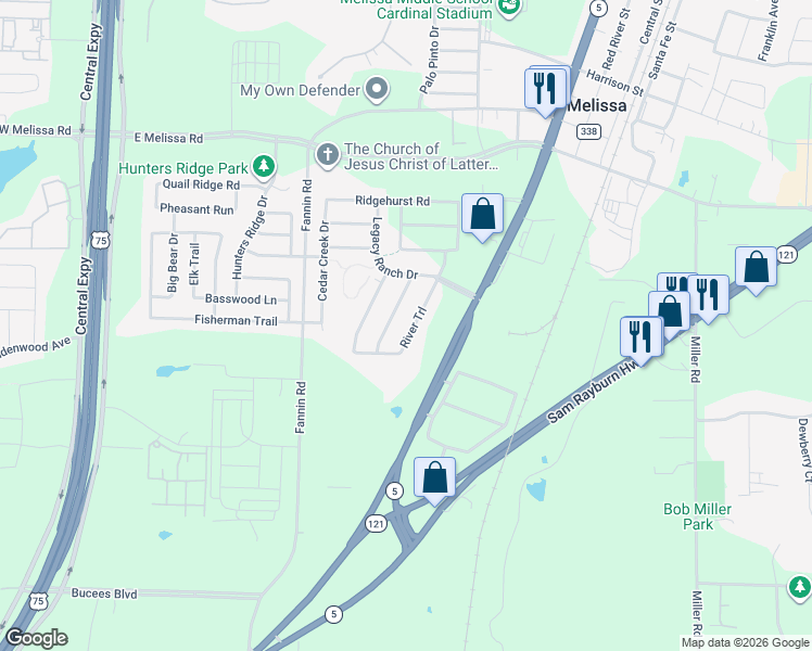 map of restaurants, bars, coffee shops, grocery stores, and more near 2204 Ranchwood Drive in Melissa