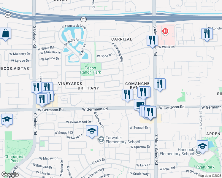 map of restaurants, bars, coffee shops, grocery stores, and more near 1394 West Musket Way in Chandler