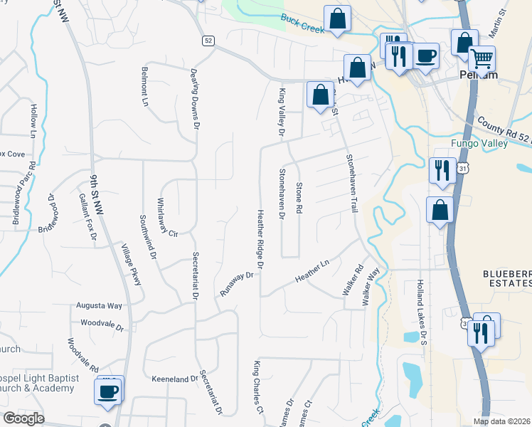 map of restaurants, bars, coffee shops, grocery stores, and more near 90 Heather Ridge Drive in Pelham