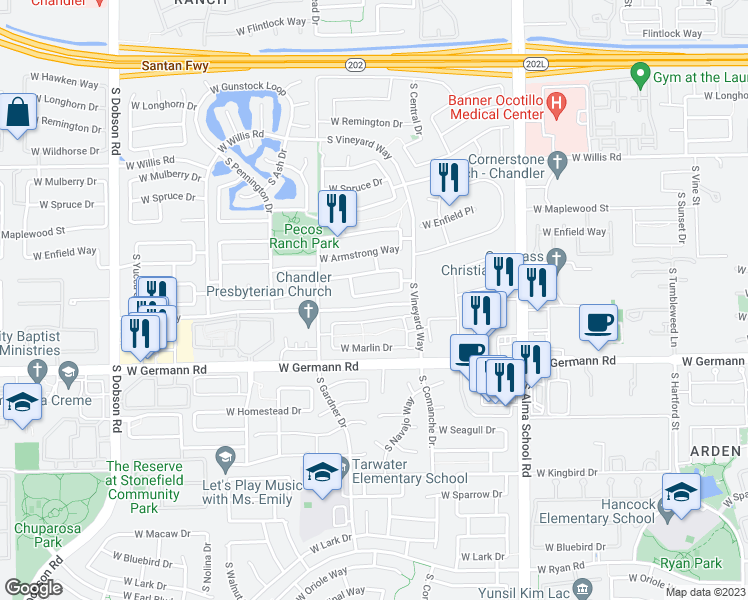 map of restaurants, bars, coffee shops, grocery stores, and more near 1375 West Musket Way in Chandler