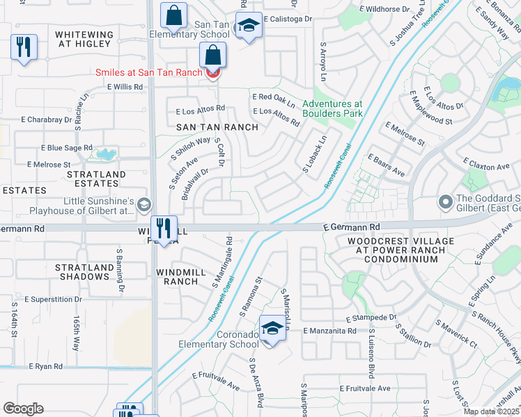 map of restaurants, bars, coffee shops, grocery stores, and more near 3940 South Moccasin Trail in Gilbert