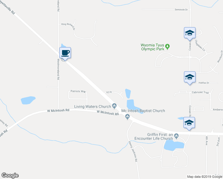 map of restaurants, bars, coffee shops, grocery stores, and more near 33 Ninety 2 Place in Griffin