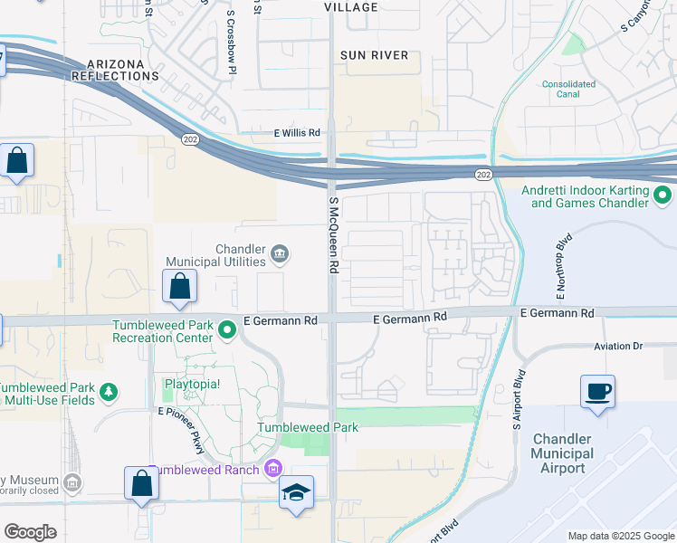 map of restaurants, bars, coffee shops, grocery stores, and more near 1597 South McQueen Road in Chandler