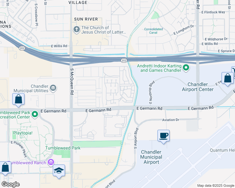 map of restaurants, bars, coffee shops, grocery stores, and more near 1345 East Weatherby Way in Chandler
