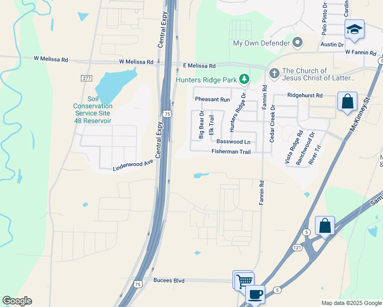 map of restaurants, bars, coffee shops, grocery stores, and more near 204 Fisherman Trail in Melissa