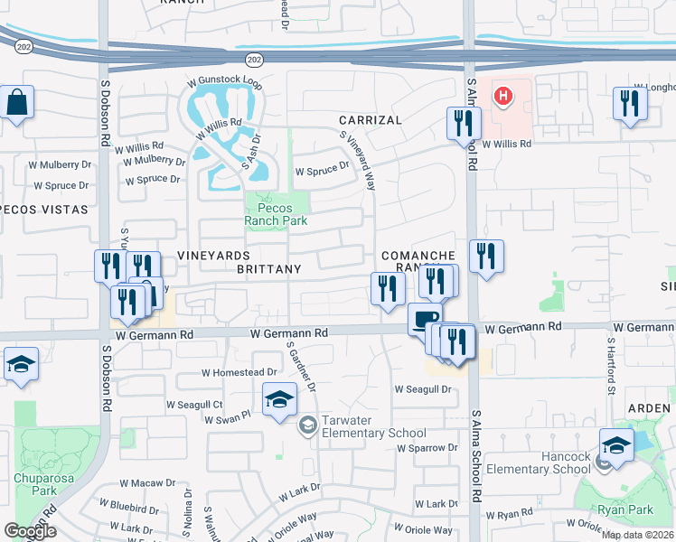 map of restaurants, bars, coffee shops, grocery stores, and more near 1394 West Musket Way in Chandler