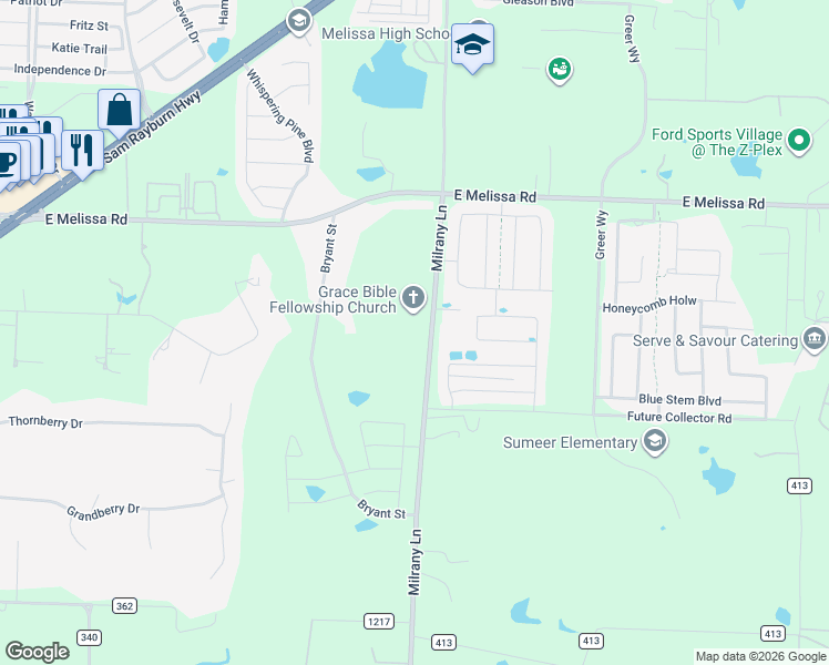 map of restaurants, bars, coffee shops, grocery stores, and more near 5479 Milrany Lane in Melissa