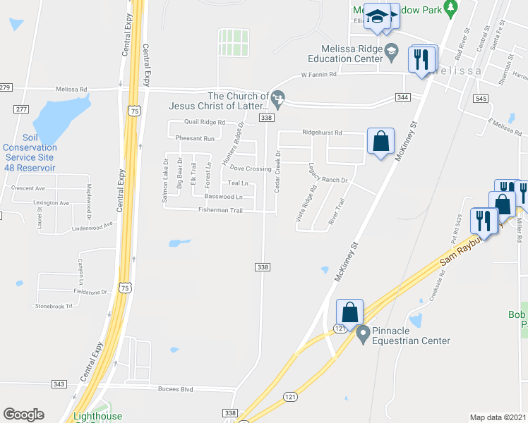 map of restaurants, bars, coffee shops, grocery stores, and more near 2539 South Fannin Road in Melissa