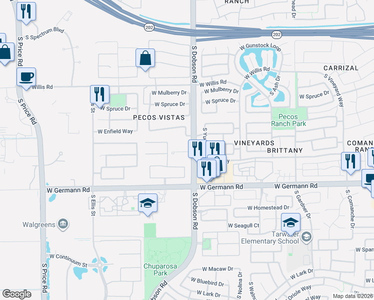 map of restaurants, bars, coffee shops, grocery stores, and more near 2070 West Musket Place in Chandler