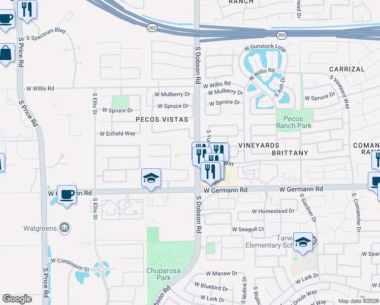 map of restaurants, bars, coffee shops, grocery stores, and more near 2070 West Musket Place in Chandler