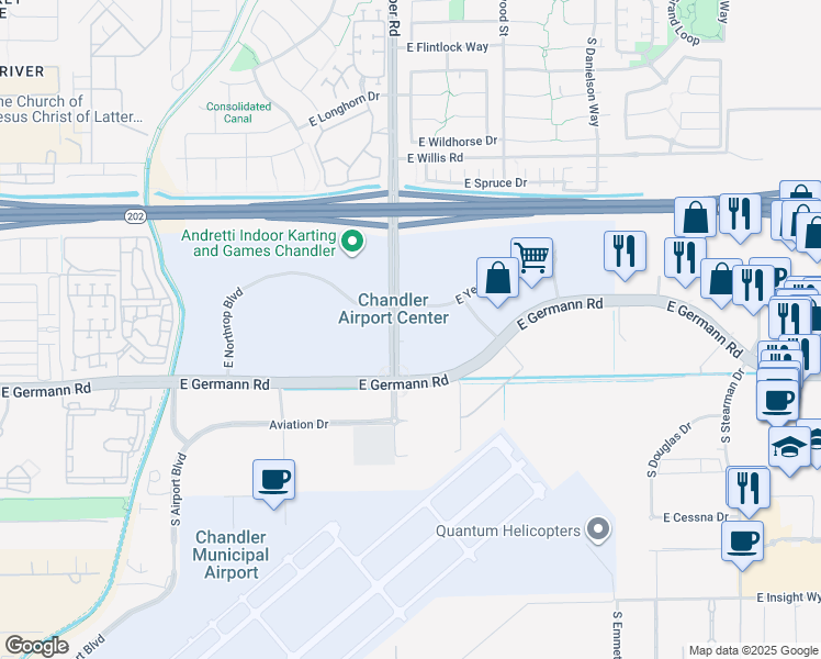 map of restaurants, bars, coffee shops, grocery stores, and more near 1735 South Cooper Road in Chandler