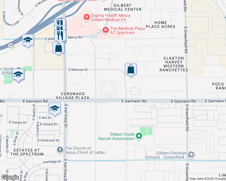 map of restaurants, bars, coffee shops, grocery stores, and more near 1912 East Claxton Avenue in Gilbert