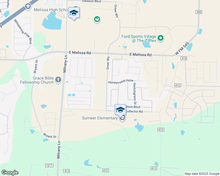 map of restaurants, bars, coffee shops, grocery stores, and more near 2303 Primrose Trail in Melissa