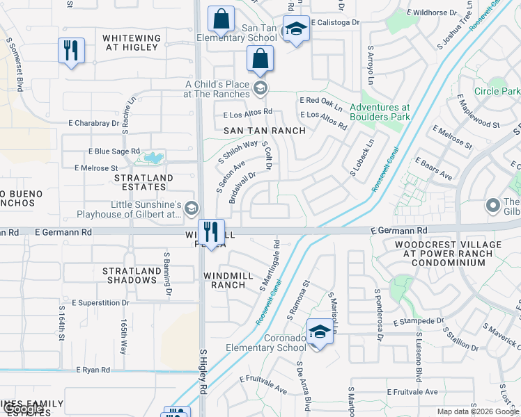 map of restaurants, bars, coffee shops, grocery stores, and more near 3375 East Claxton Avenue in Gilbert