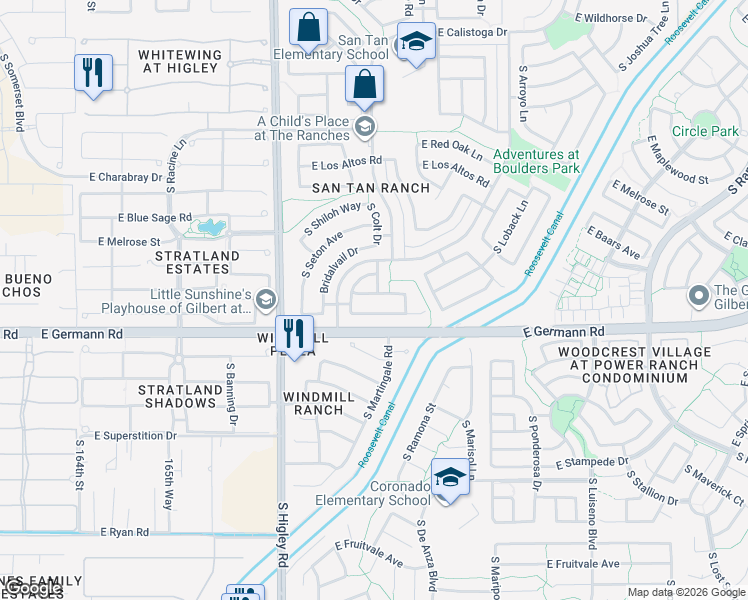 map of restaurants, bars, coffee shops, grocery stores, and more near 3375 East Claxton Avenue in Gilbert