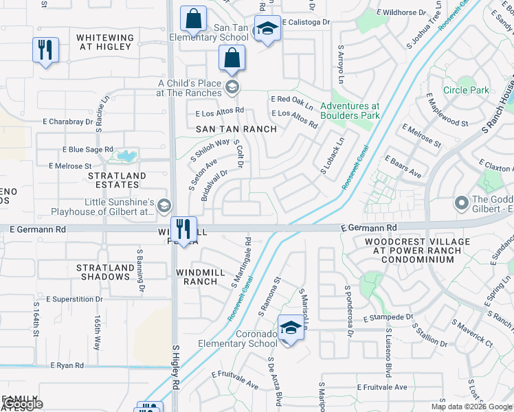 map of restaurants, bars, coffee shops, grocery stores, and more near 3455 East Claxton Avenue in Gilbert