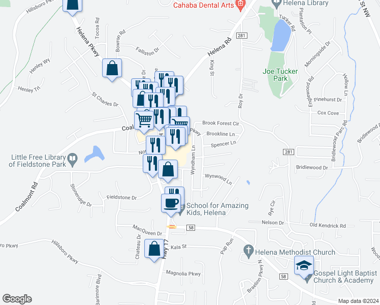 map of restaurants, bars, coffee shops, grocery stores, and more near 1020 Wyndham Lane in Helena