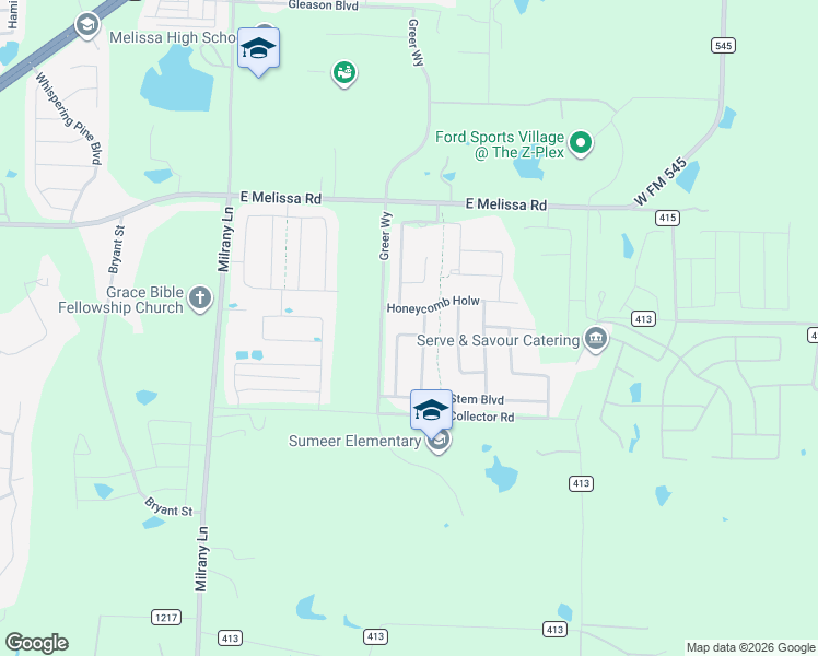 map of restaurants, bars, coffee shops, grocery stores, and more near 2303 Primrose Trail in Melissa