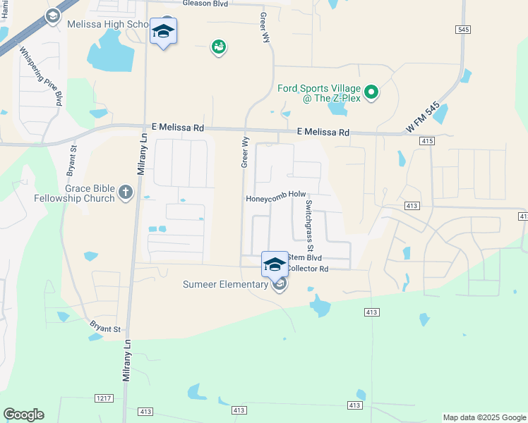 map of restaurants, bars, coffee shops, grocery stores, and more near 2303 Primrose Trail in Melissa