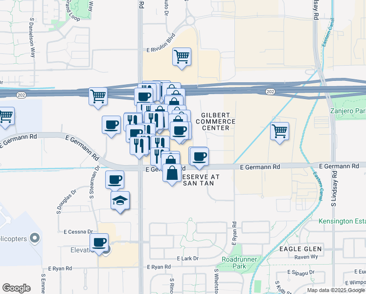 map of restaurants, bars, coffee shops, grocery stores, and more near 3931 South Gilbert Road in Gilbert