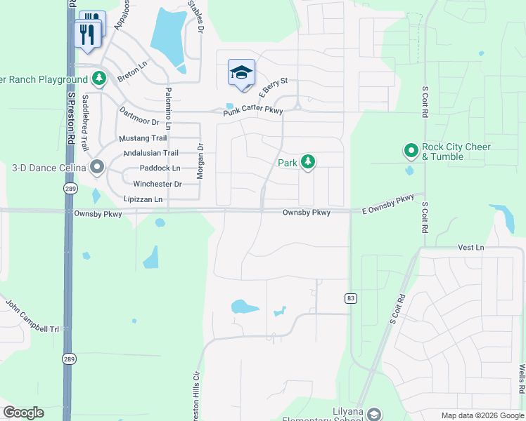 map of restaurants, bars, coffee shops, grocery stores, and more near 4462 County Road 83 in Celina