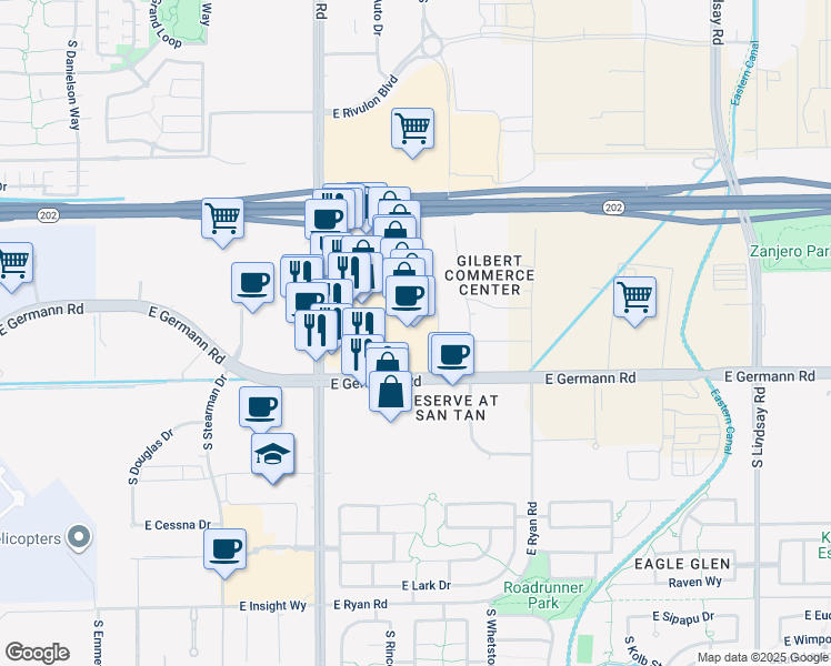 map of restaurants, bars, coffee shops, grocery stores, and more near 3931 South Gilbert Road in Gilbert