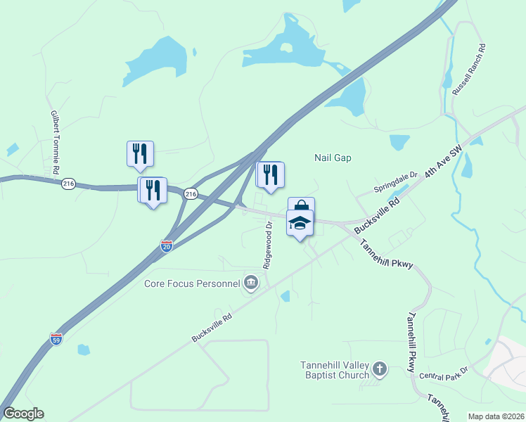 map of restaurants, bars, coffee shops, grocery stores, and more near 22526 Alabama 216 in McCalla